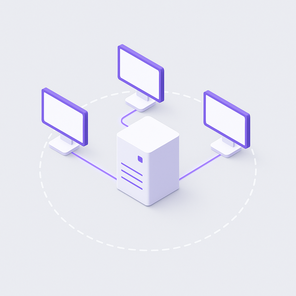 Despliegue de servidor on-premise: un rack de servidores conectado a varias estaciones de trabajo en una red local