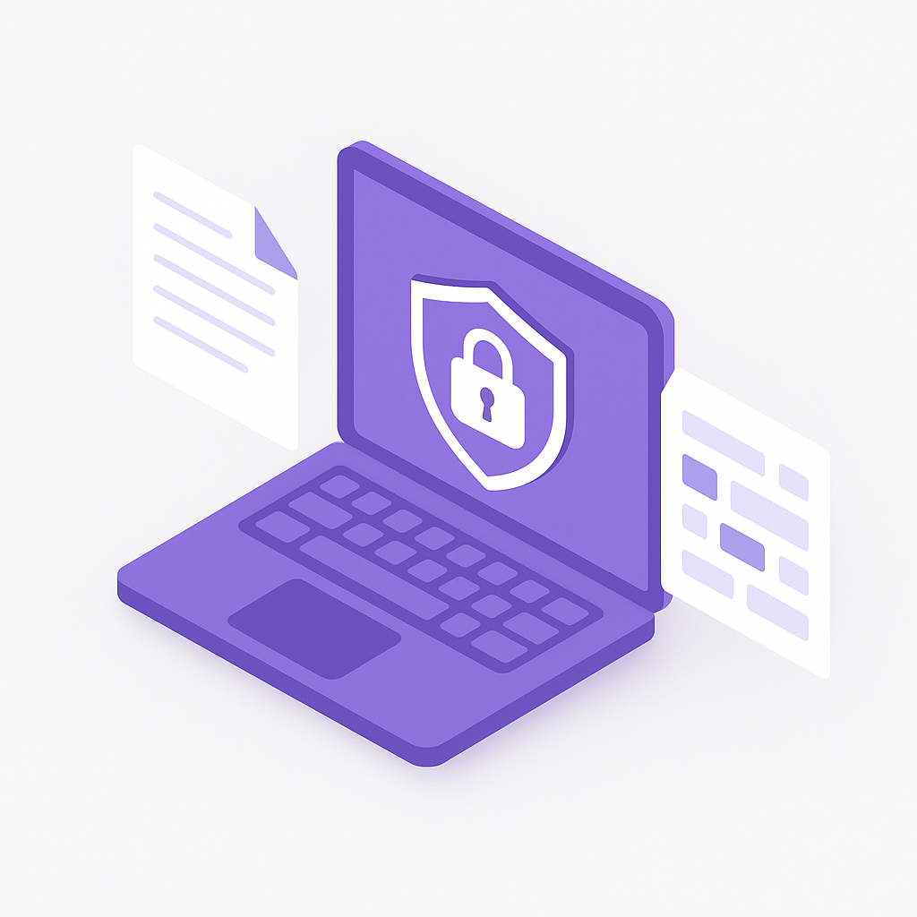 Despliegue de escritorio autónomo: un portátil procesando documentos con un icono de escudo que representa la privacidad sin conexión