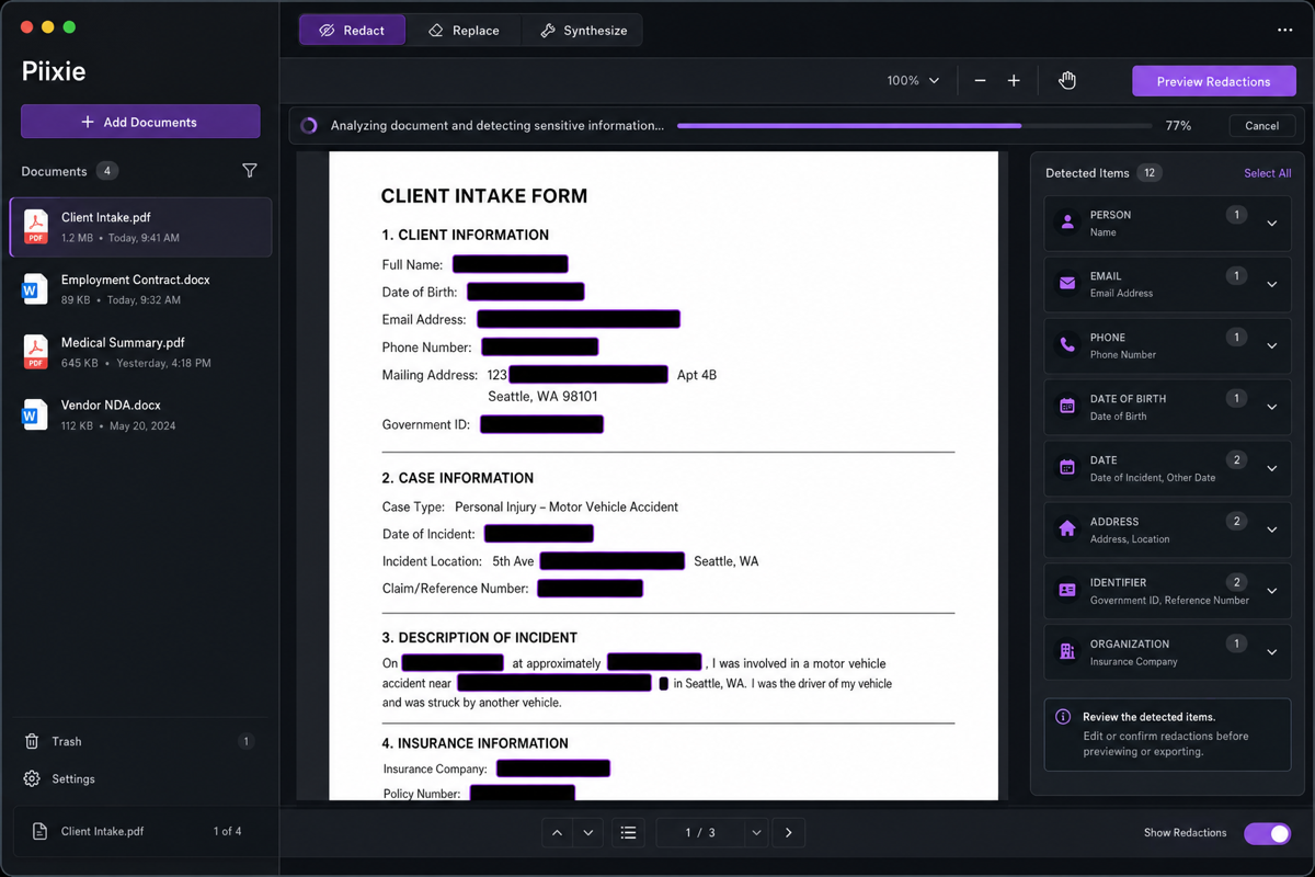 App de escritorio de Piixie mostrando la anonimización de un documento con barras de censura, datos personales detectados y varios formatos de archivo en la barra lateral