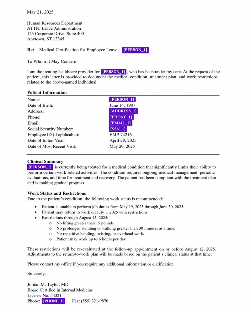 Documento médico con los datos personales sustituidos por tokens como [PERSONA_1], [EMAIL_1], [TELEFONO_1] resaltados en morado