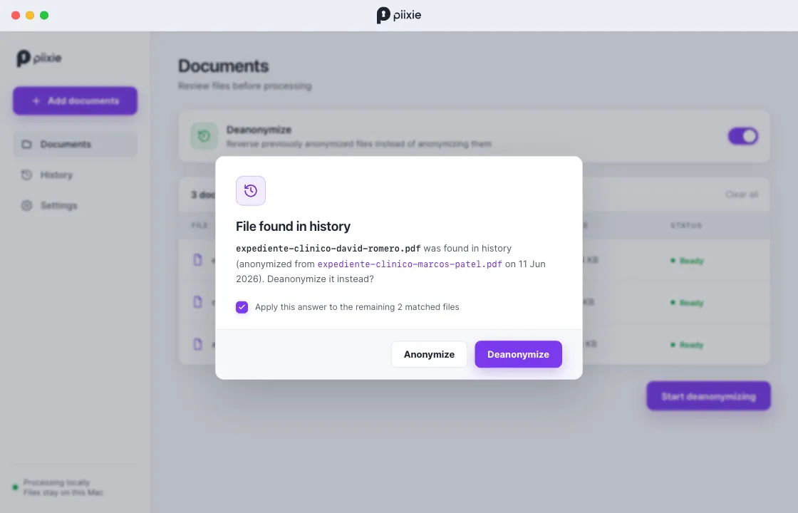Piixie ofreciendo desanonimizar un fichero que reconoce del historial