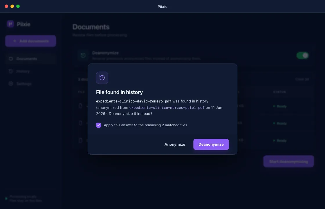 Piixie ofreciendo desanonimizar un fichero que reconoce del historial