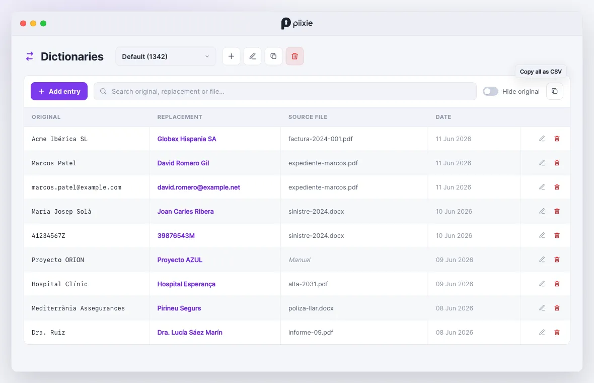 El gestor de diccionarios: original, sustitución, fichero de origen y fecha de cada entrada