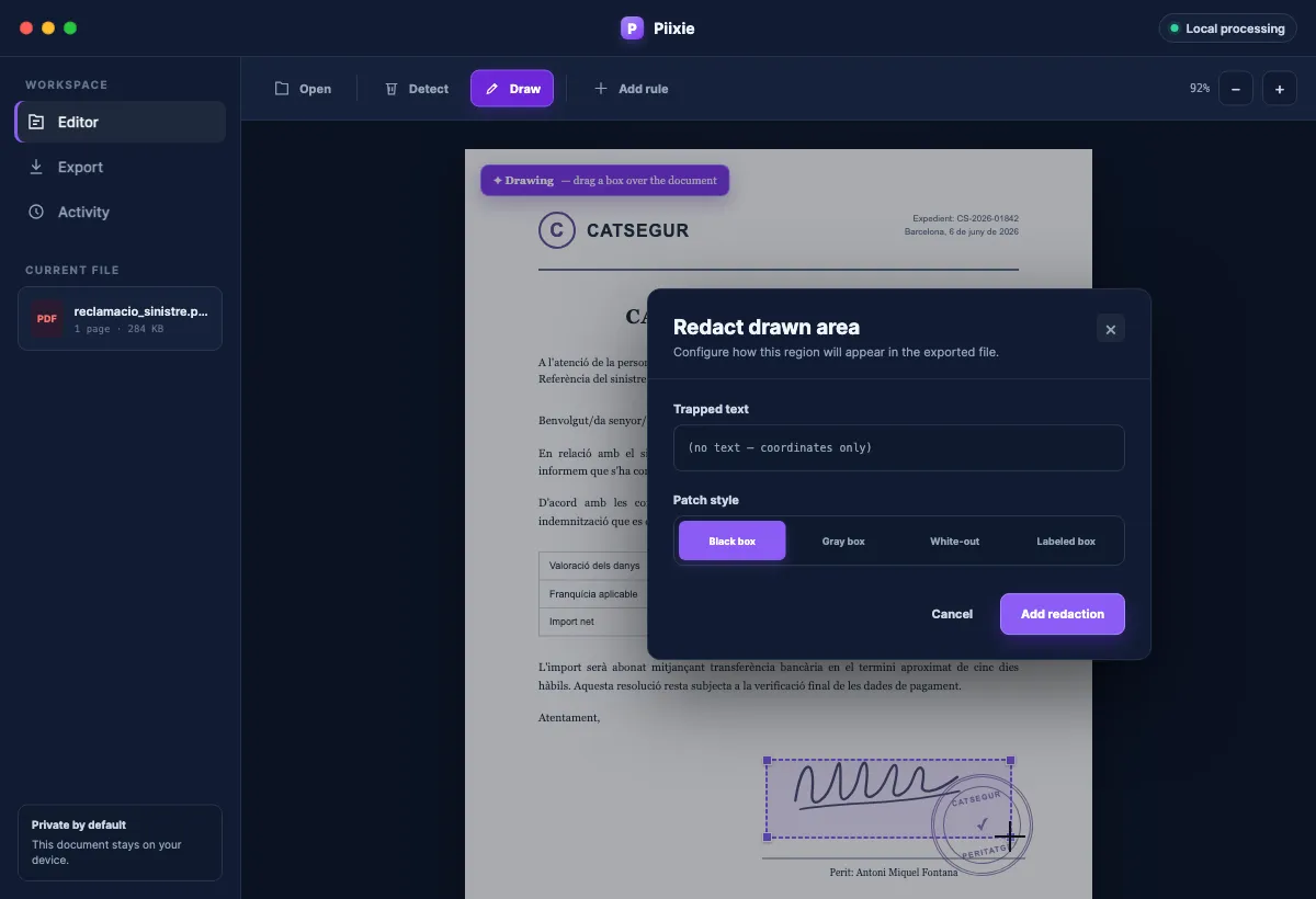 Dibujar un recuadro de ocultación sobre una firma, con el diálogo de estilo de parche
